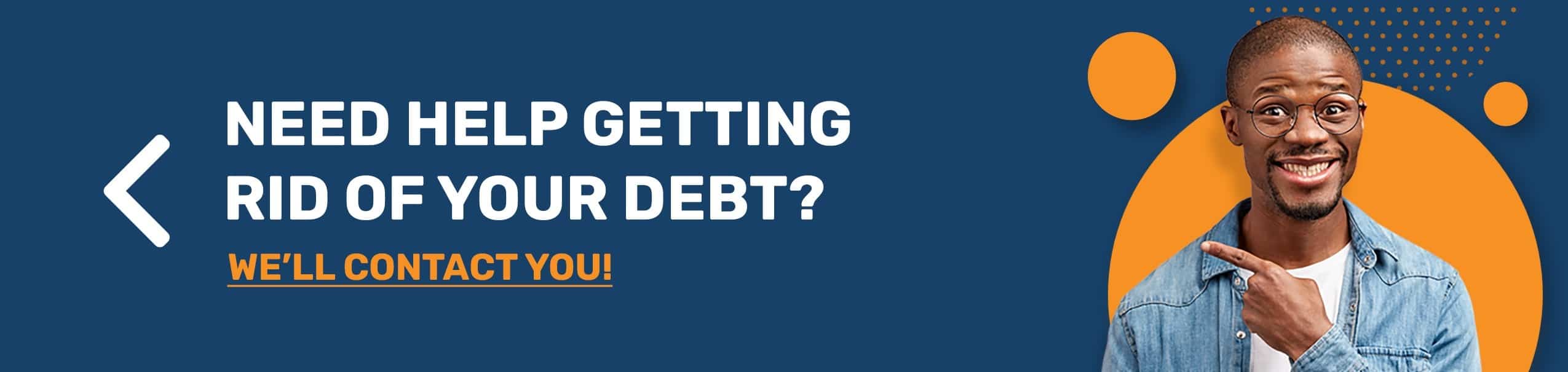 Cheerful, confident young man points to text urging action for those struggling with debt.